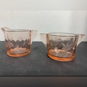 Vintage pink depression etched floral creamer and sugar bowl